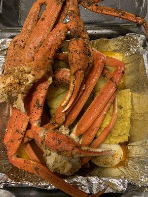 3 crab clusters in lemon butter, and Cajun. Sausage, egg and potatoes.