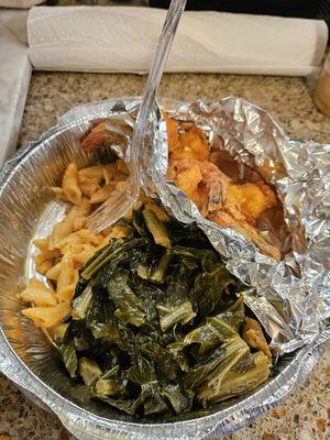 Mac&Cheese, Collard Greens, and Fried Shrimp