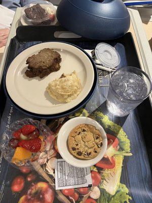 Patient lunch: 1/2 portion Meat Loaf, (a little dry), Mashed Potatoes, Fruit Cup, Sierra Mist, and a Chocolate Chip cookie.