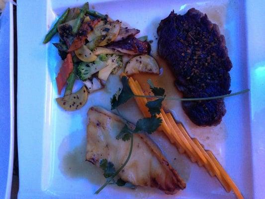 Chilean Sea Bass (In sweet ginger wasabi sauce) + Filet Mignon (In garlic herbal sauce)