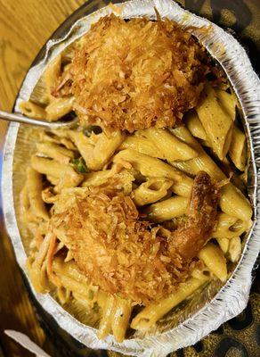 Coconut shrimp with Rasta pasta. There's more shrimp just not in my plate. They were very nice size.