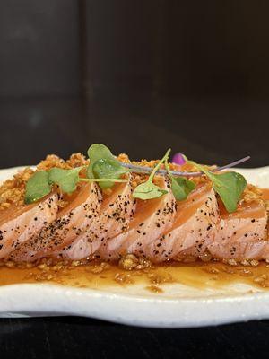 Garlic Salmon Tataki - Lightly Seared Salmon Sashimi with Garlic Ponzu, Fried Garlic, and Microgreens