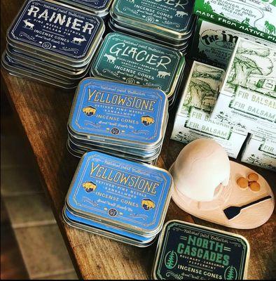 Incense cones and cute ceramic incense burners. The log cabin incense burner is so cute! The store smells a pinon pine campfire.