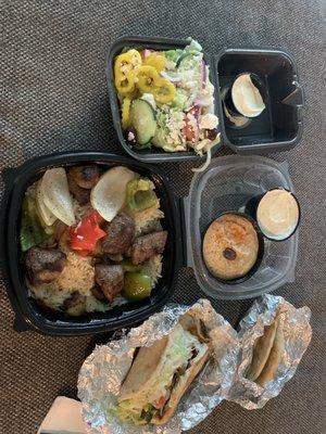 Beef Kabobs, side Greek Salad, "small" Falafel, and Hommous