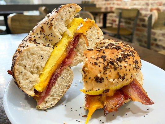 Bacon, egg and cheese on an everything bagel