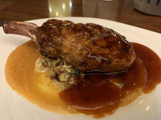 Pork Chop with Bourbon BBQ Sauce over a Brussel Sprout Hash and Sweet Potato Purée