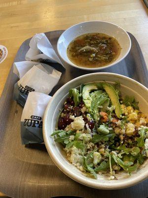 Nourish Bowl: customized to be vegetarian and minus the dressing. Soup: Chickpea and vegetable.