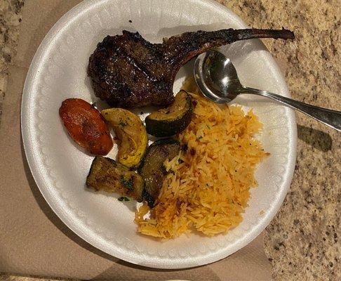 Lamb chops , grilled veggies and yellow seasoned rice