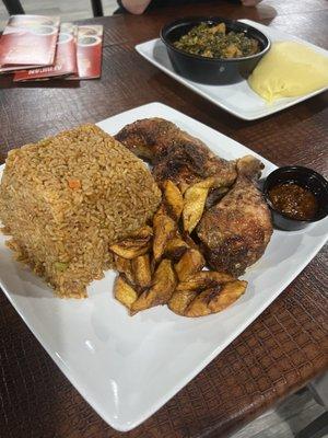 Waakye( Rice & Peas) & Chicken ( Fried Plaintains, Spagetti, Eggs, Gari,)