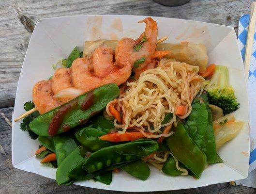 Saturday mornings, warm up with sweet, delicious shrimp skewers, noodles, crisp veggies and a perfect crispy roll at South of the James!