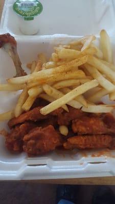 lunch special, 8 wings and fries with "hot" sauce.