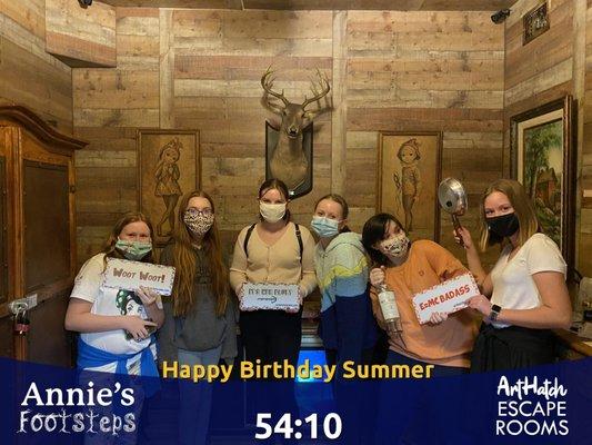 They did it with a few minutes to spare! Great birthday activity for small groups.