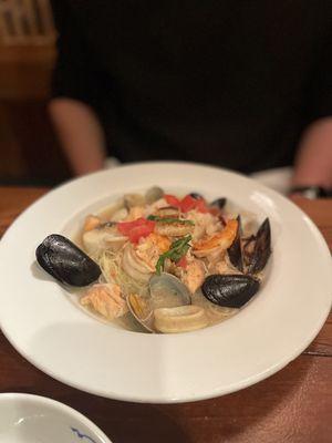 SEAFOOD PASTA - $30.00
 Prawns, scallops, fresh fish filets, clams, mussels, squid, angel hair pasta, sake-butter sauce with shiso herb