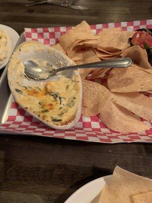 We forgot to take a picture before we dug in, but Crab meat spinach dip with fried tortillas and a homemade salsa. Yum!