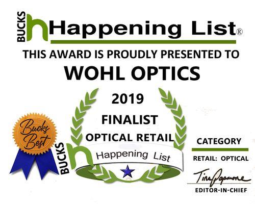 Bucks Happening 2019 Award Finalist in Optical Retail Category for Wohl Optics in Warminster, PA