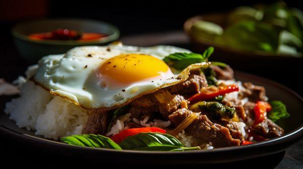 E08. Basil Stir-Fry Over Rice with Beef