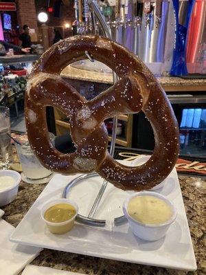 Giant Warm Pretzel with Cheese and mustard dips