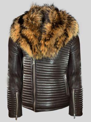 MEN'S GOODSPEED QUILTED COFFEE LEATHER MOTORCYCLE JACKET WITH DETACHABLE RACCOON FUR COLLAR