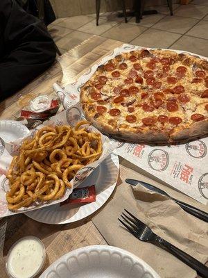 Large pizza and Curly Fries!