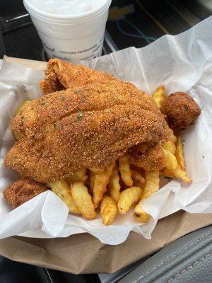 Fresh fried catfish fries and hushpuppies absolutely amazing