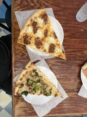 Chicken and broccoli slice and a lasagna slice.