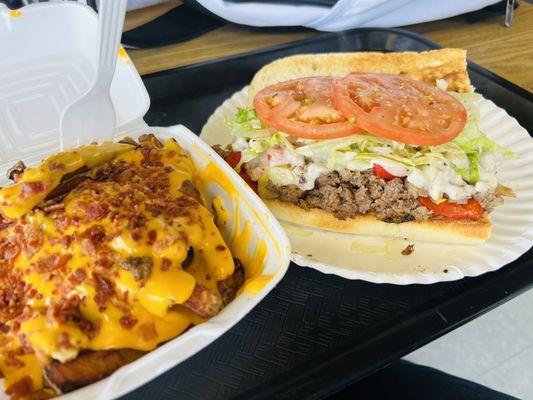 Steak hoagie and bacon cheese fries