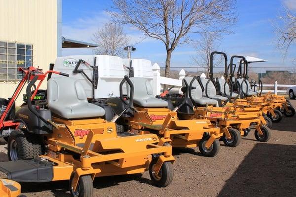 Line up of Hustler zero turn mowers.