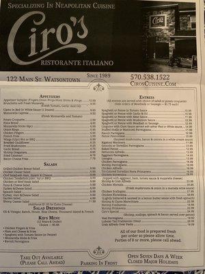 Great takeout from Ciro's. Had a mix of shrimp scampi, chicken scallopini, and eggplant Parmesan. Great service and great meal.