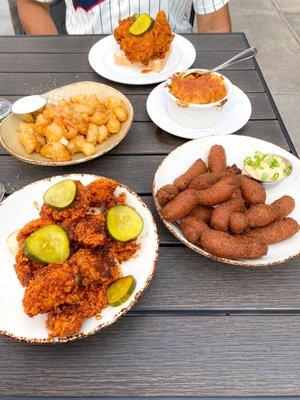 Tennessee hot nuggets, hush puppies, cheese curds, Mac and Cheese