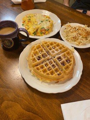 Pecan Waffle & Santa Fe Scramble with Hash browns