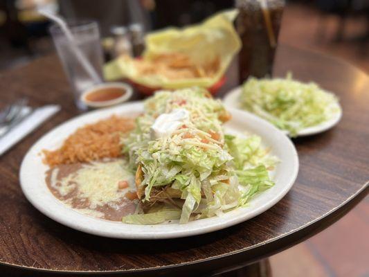 The 2 tostadas Special for below $10. With rice and refried beans.