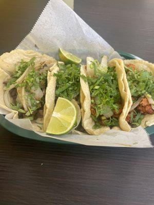 Four tacos. Two carne asada and two Al pastor. Did not disappoint!  First, the tortillas are fresh fresh made by hand.