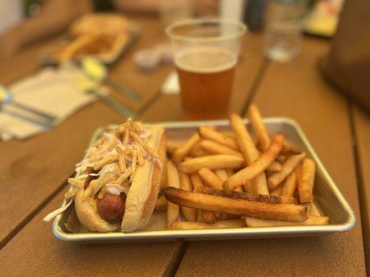 Colombian Hot Dog and La Rubia beer. Very tasty!