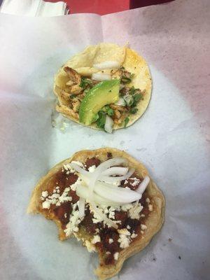 Taco con pollo (top) and a picada with pork (bottom)