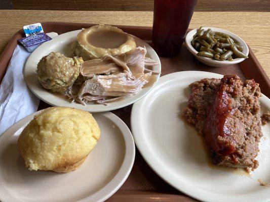 Turkey and Dressing, meatloaf, mashed potatoes and gravy, corn bread, sweet tea