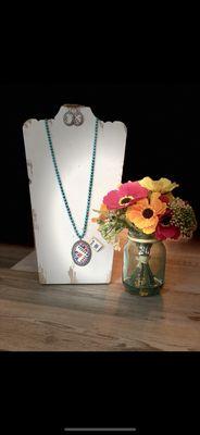 Matching Teal and Aztec Necklace and Earrings Set