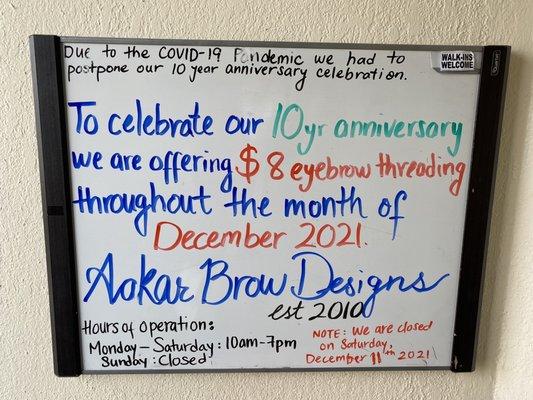 $8 eyebrows throughout December! Happy anniversary Aakar!