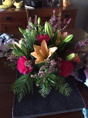 Ordered online from Los Angeles for my friend recovering from surgery in Minot. Beautiful flowers delivered the same day. Thanks you guys!!!