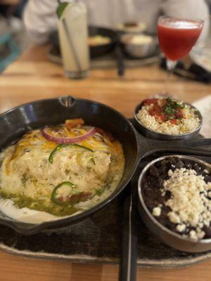 Chicken Enchiladas with Verde Sauce, beef enchiladas with red sauce, black beans and rice.