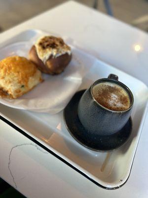 Southwest biscuit, crème brûlée pastry, latte