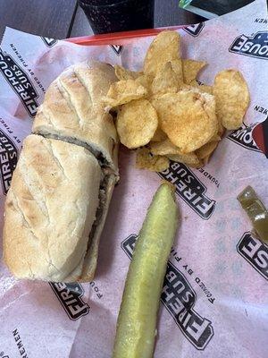 Schmedium steak and cheese, jalapeño chips and frozen pickle.