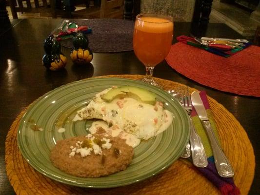 Machaca con Huevos with refried beans and fresh carrot/pineapple juice.  Amazing!!!