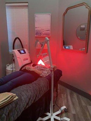 LED photo facial FDA cleared for treating wrinkles and acne.  LED light therapy boosts collagen and increases blood flow.