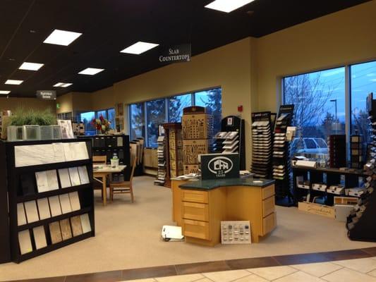 Quartz, granite and natural stone slab countertop displays at Contract Furnishings Mart Everett, WA