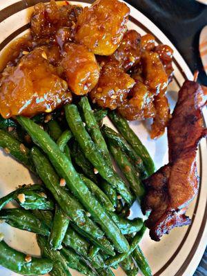 General Tso Chicken, Green Beans, and Chicken on a Stick