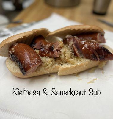 Kiełbasa and Sauerkraut sandwich.