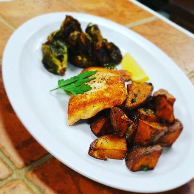 salmon with roasted potato and brussels