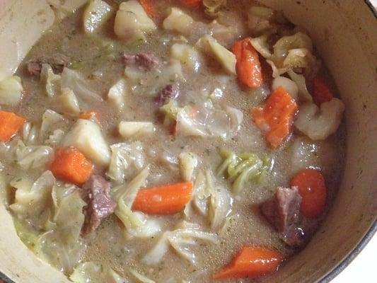 Beef stew I made today with the stew beef, carrots, potatoes, cabbage and chicken broth I bought today at Janetos. Yummy!