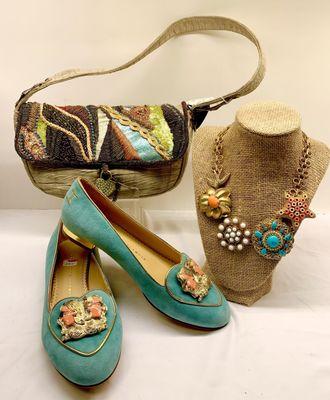 Seashell suede loafers and necklace.  Mary Frances beaded bag