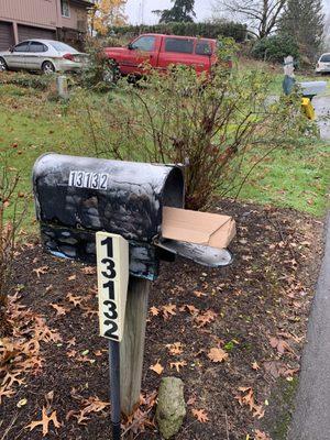 This package is sticking half way out of my mailbox.  It contains a poster (paper) and it's raining.